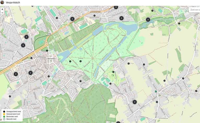 Vespawatch map showing Asian hornet (Vespa velutina) nest detections in Tervuren.